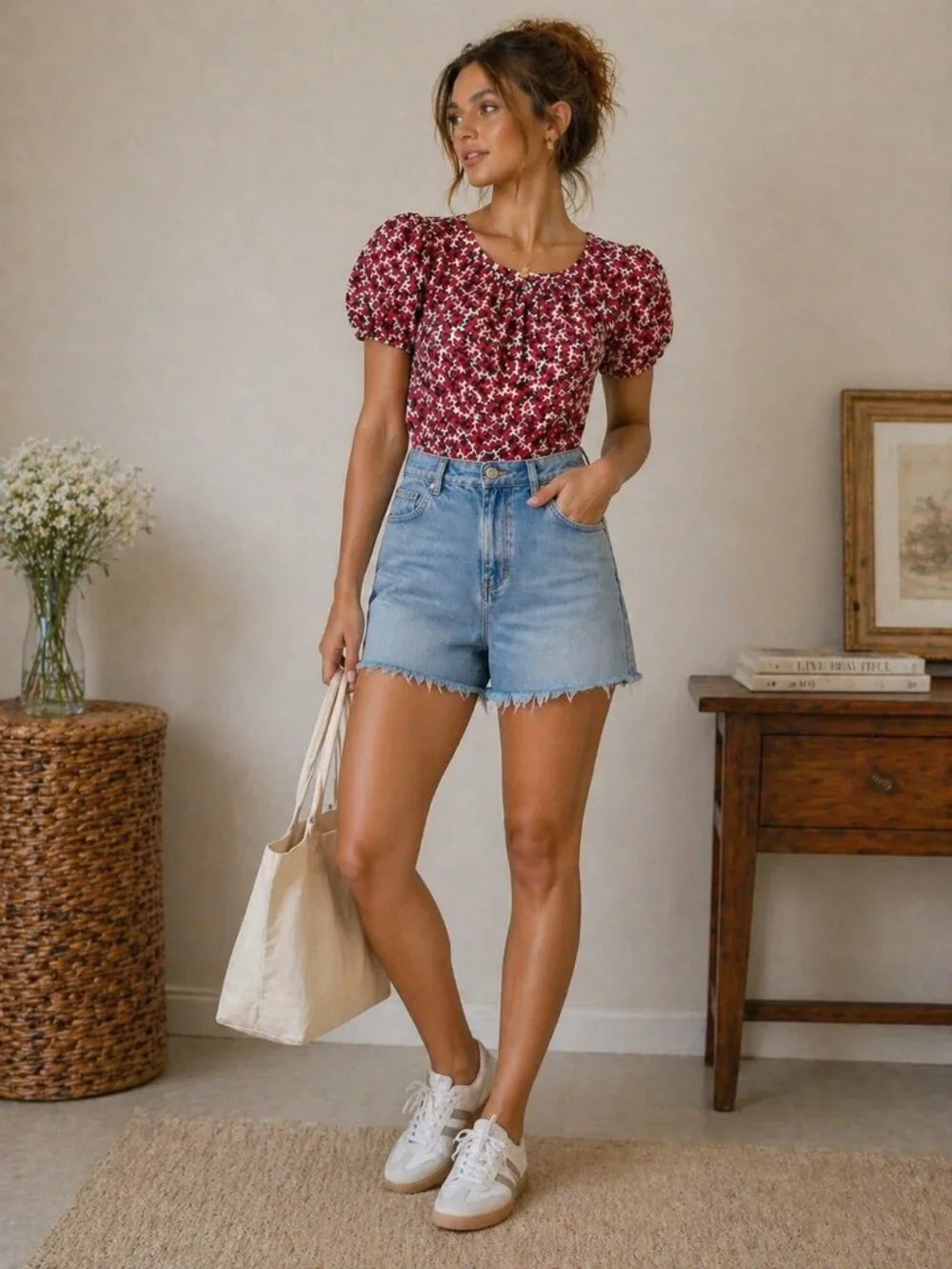 ZARA Floral Puff Sleeve Top Red Pink Fitted Blouse Size M Romantic Cottagecore S